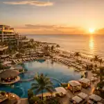 Grabación aérea con drone de hotel de lujo en hora dorada mostrando piscina y vistas al mar