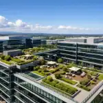 Fachada corporativa moderna fotografiada desde el aire con drone profesional