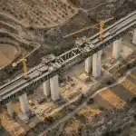 Viaducto ferroviario de Alta Velocidad grabado desde drone en perspectiva cinematográfica aérea