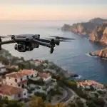 Drone aéreo Mavic 3 Cine sobrevolando paisaje montañoso español con acantilados costeros, vista cenital con gimbal cinematográfico estabilizado