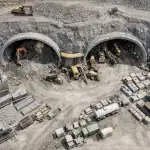 Excavación aérea de túnel viario vista cenital con maquinaria de obra y sistemas de sostenimiento