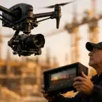 Piloto profesional AESA operando DJI Inspire 3 con gimbal cinematográfico en rodaje aéreo industrial