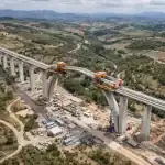 Drone Inspire 3 sobrevolando viaducto ferroviario en construcción, luz cenital técnica