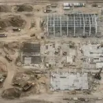 Grabación aérea profesional de obra de construcción española con dron cinematográfico Inspire 3, vista cenital con excavadora, grúa y estructura de acero.