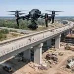 Dron profesional Inspire 3 filmando obra de infraestructura de viaducto con luz técnica de mediodía