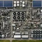 Plano cenital aéreo de planta industrial moderna con paneles solares, naves de producción y sistemas de almacenamiento