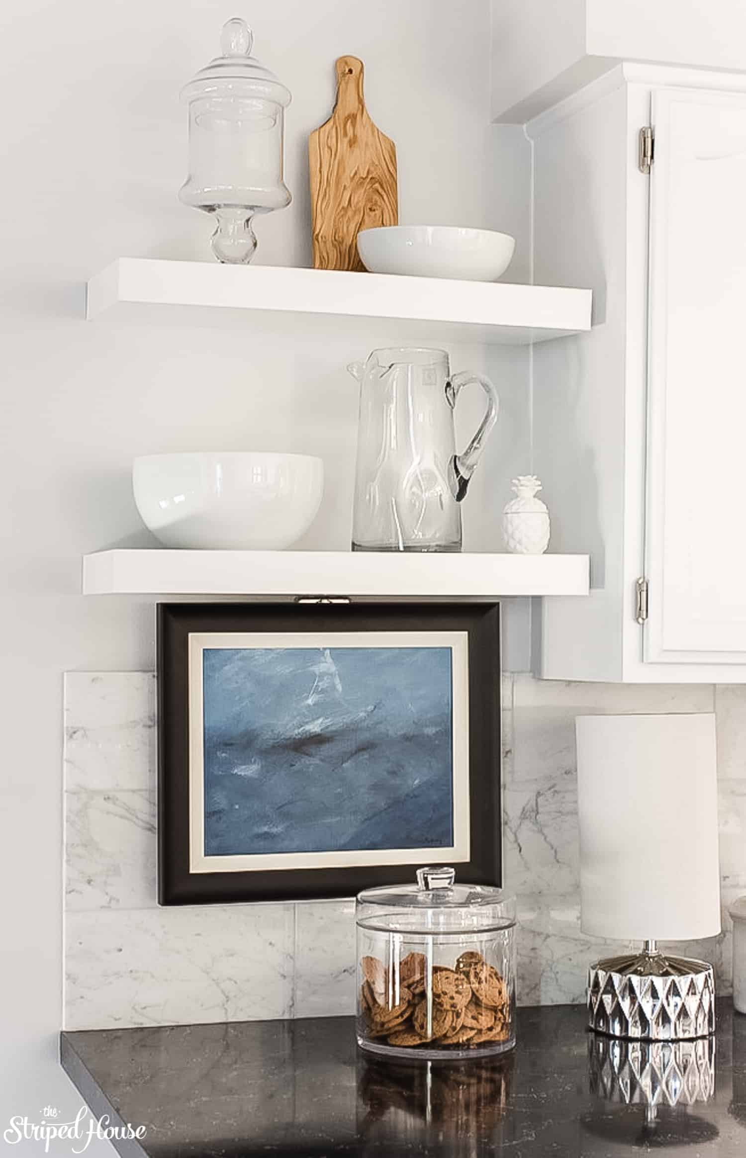white floating shelves installed in a traditional contemporary kitchen refresh