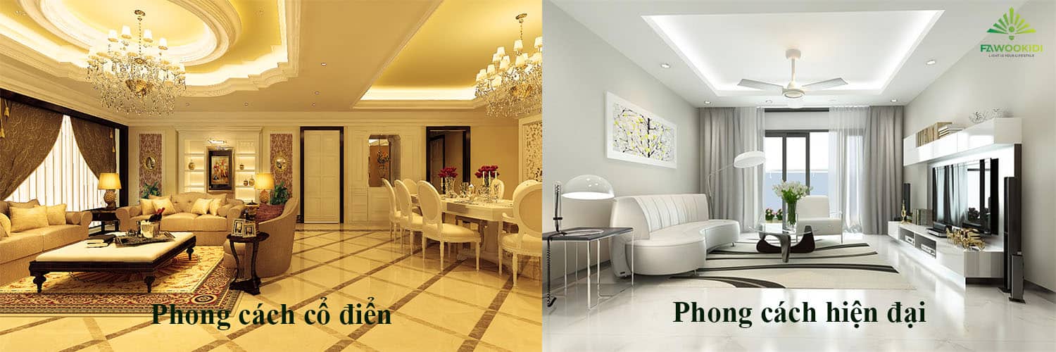 Phòng khách mang phong cách cổ điển cần ánh sáng trắng ấm, trong khi phòng khách hiện đại sử dụng chủ yếu là ánh sáng trắng và tận dụng nhiều ánh sáng tự nhiên