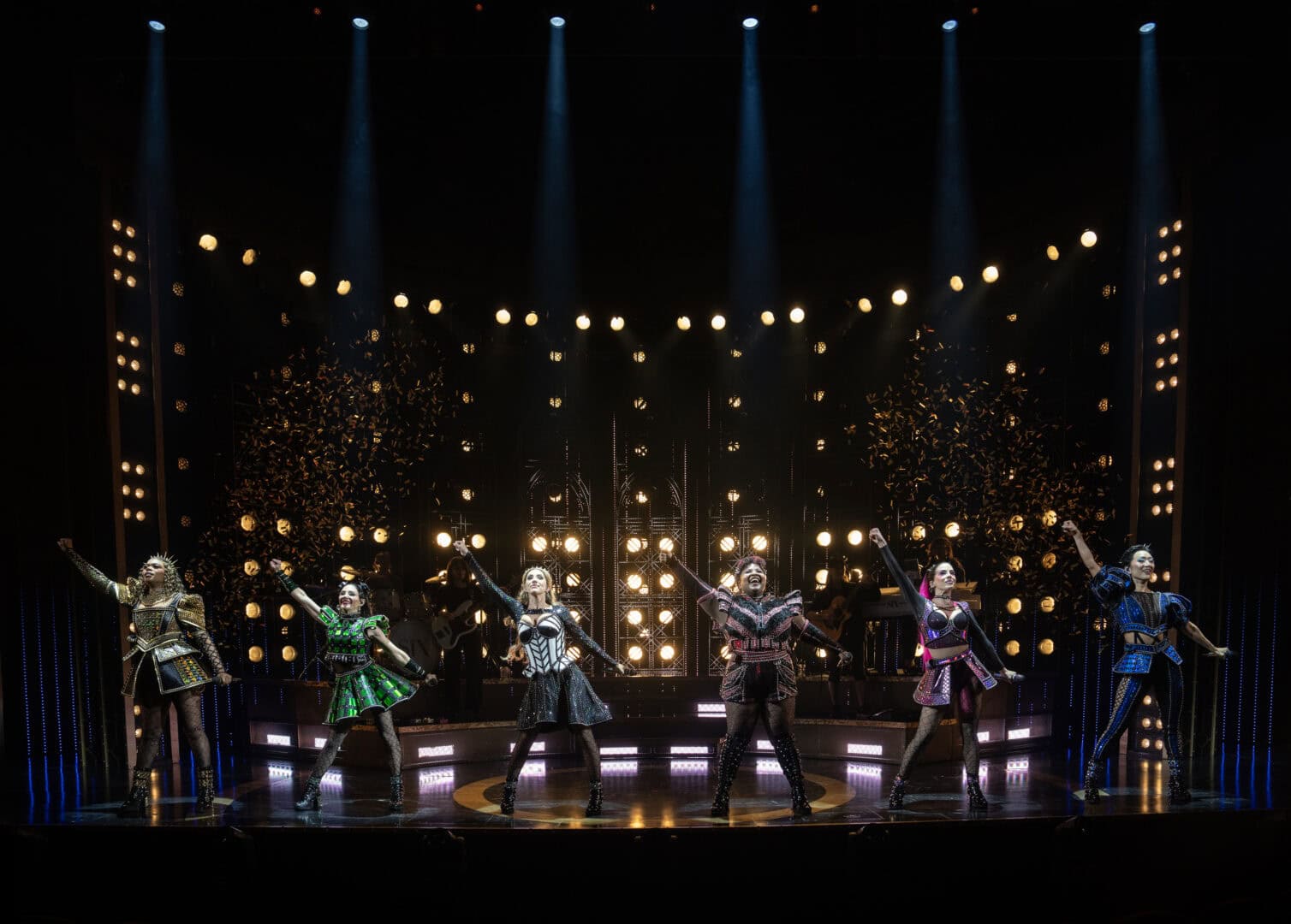 SIX: The Musical - (L-R) Khaila Wilcoxon (Catherine of Aragon),  Chloe Tucker Caine (Anne Boleyn), Natalie Paris
(Jane Seymour), Olivia Donalson (Anna of Cleves), Aimie Atkinson (Katherine Howard), Stephanie Jae Park (Catherine Parr)