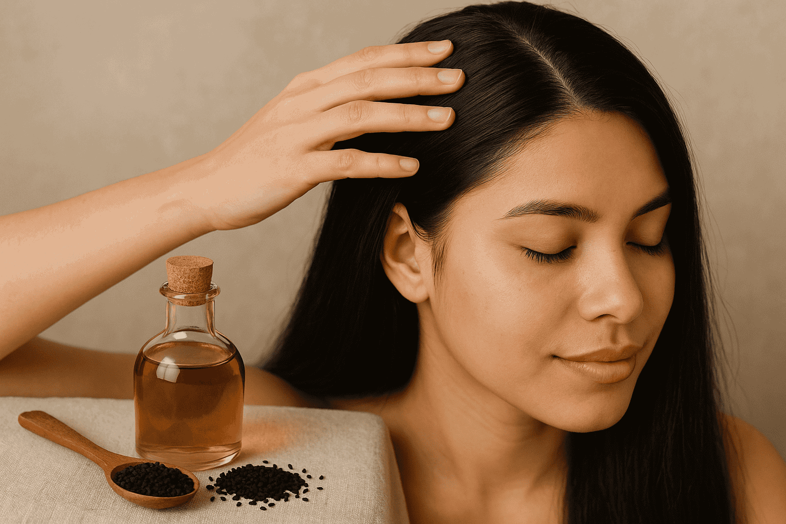 Woman with black seed oil for hair growth