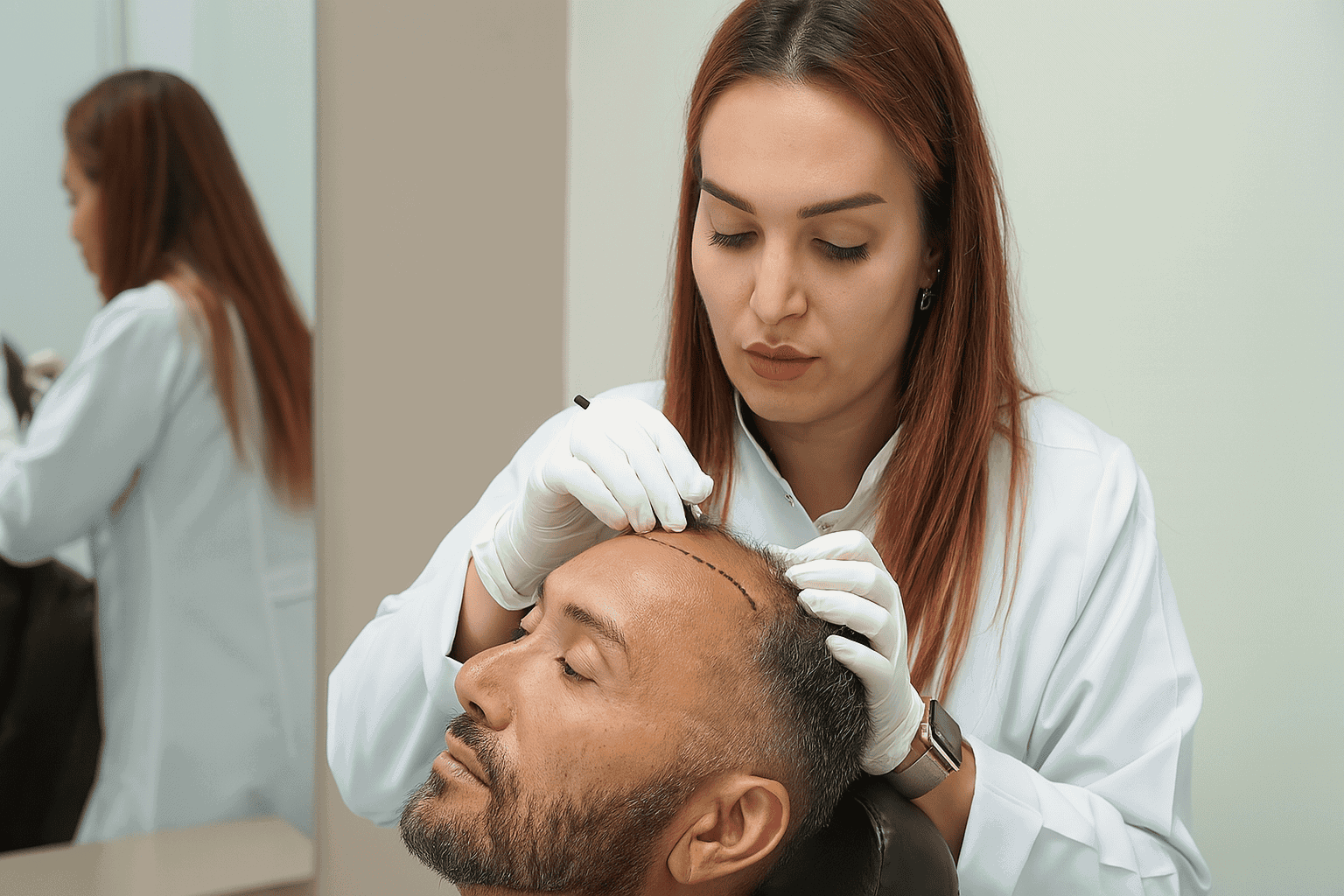 Woman performing a hair transplant procedure on a bald man