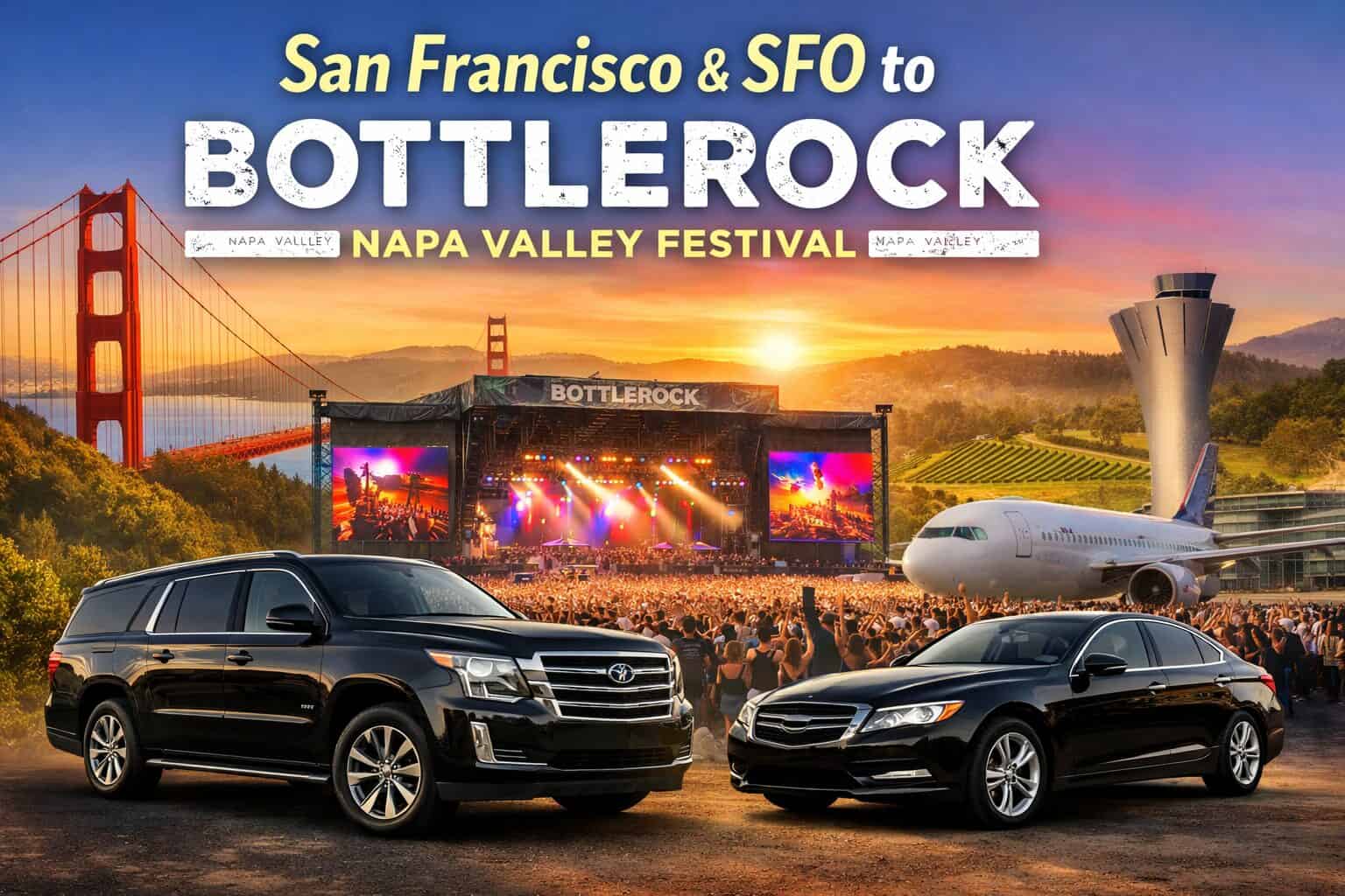 Luxury BottleRock Festival transportation from San Francisco and SFO to Napa Valley Expo with private SUV and sedan service for BottleRock 2026