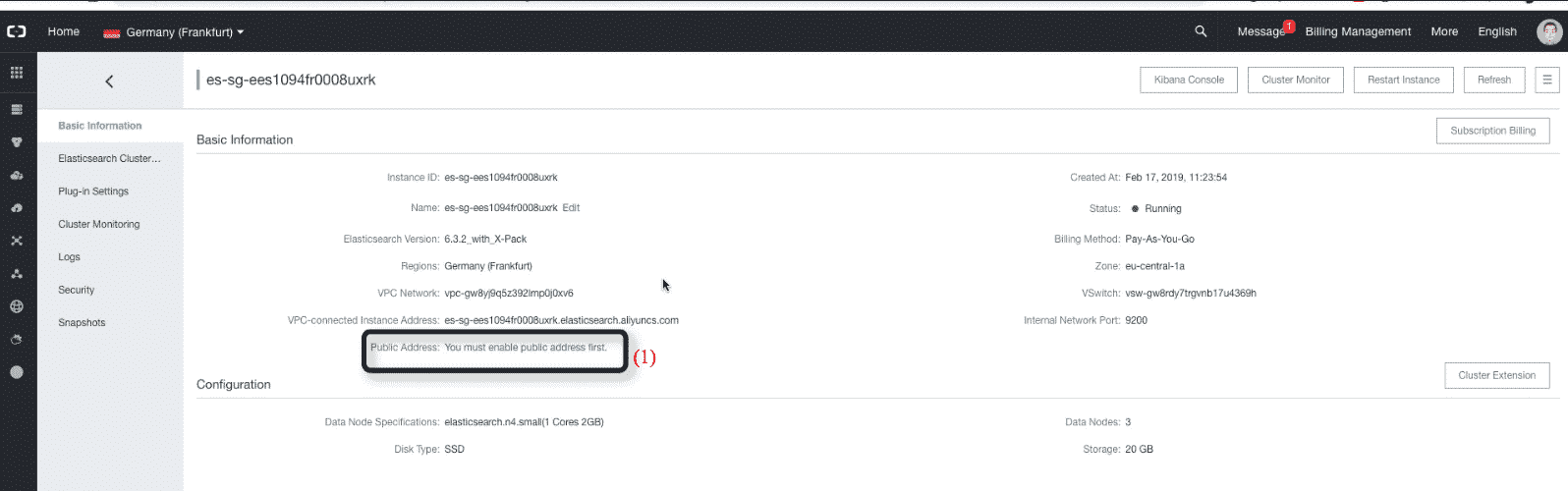 Alibaba Cloud Elasticsearch: edit cluster settings