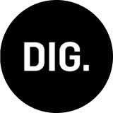 DIG logo in white on black circle