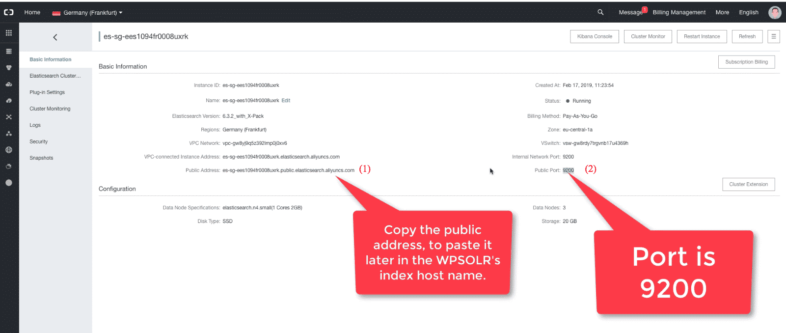 Alibaba Cloud Elasticsearch: copy cluster public domain and port