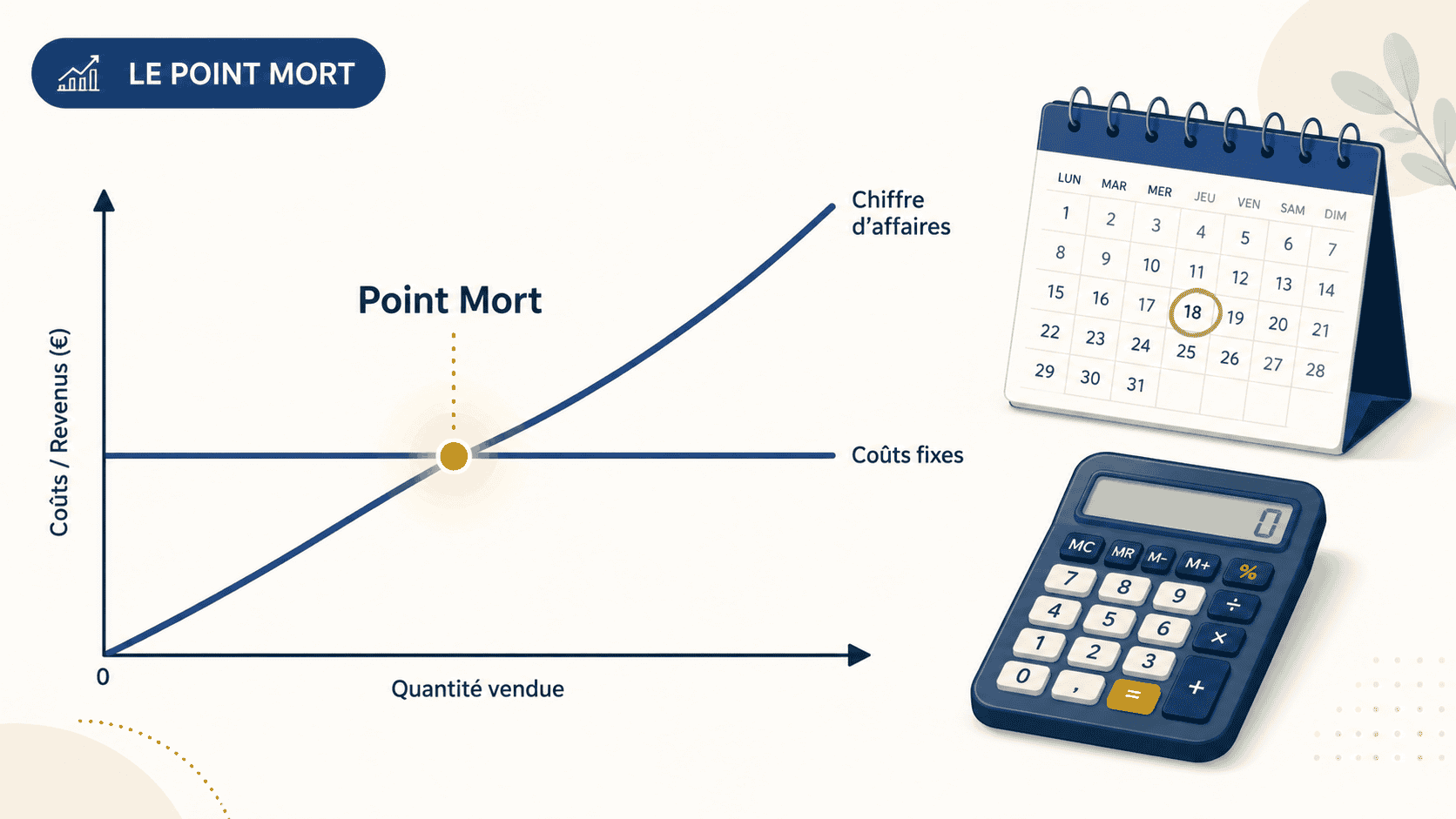 Calcul du point mort : graphique du seuil de rentabilité avec la date à laquelle l'entreprise devient rentable
