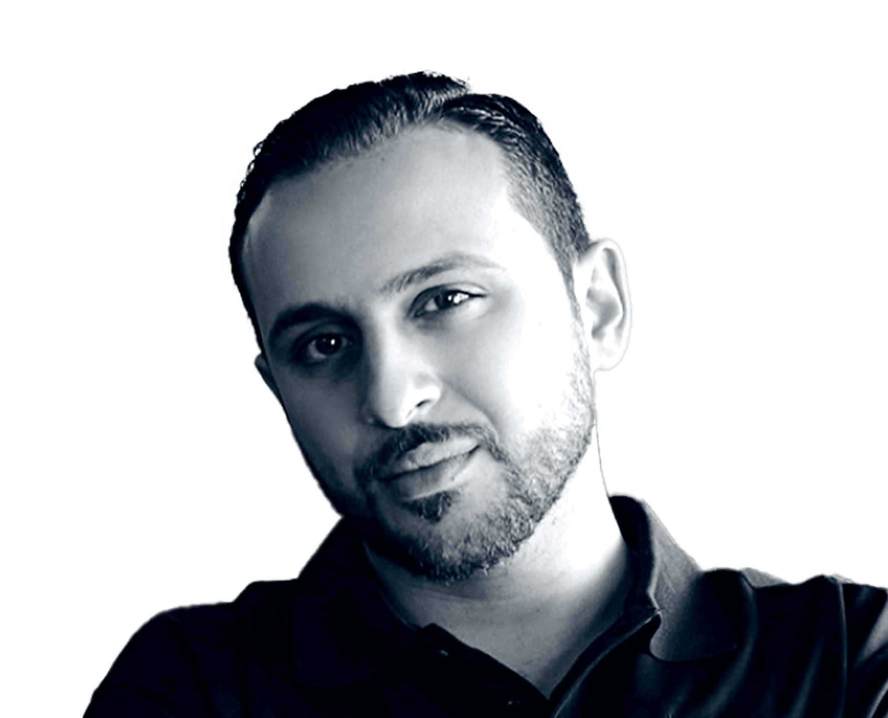 Black and white headshot of Otto Othman, CEO and Co-Founder of Savory Fund’s PINCHO Burgers and Kebabs, with neatly groomed hair and beard, wearing a collared shirt and looking confidently at the camera, on a transparent background.