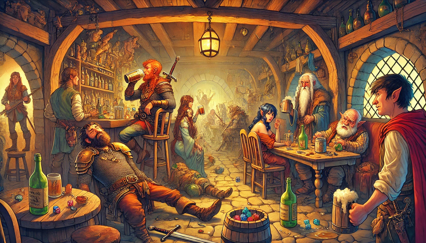 A lively fantasy tavern scene with diverse characters unfolds like a page from a Pathfinder RPG. A red-haired warrior chugs ale at the bar, a woman with blue hair sits nearby, an old wizard sips from a mug, and a knight sleeps on the floor amidst scattered dice and mugs in the cozy, rustic room.