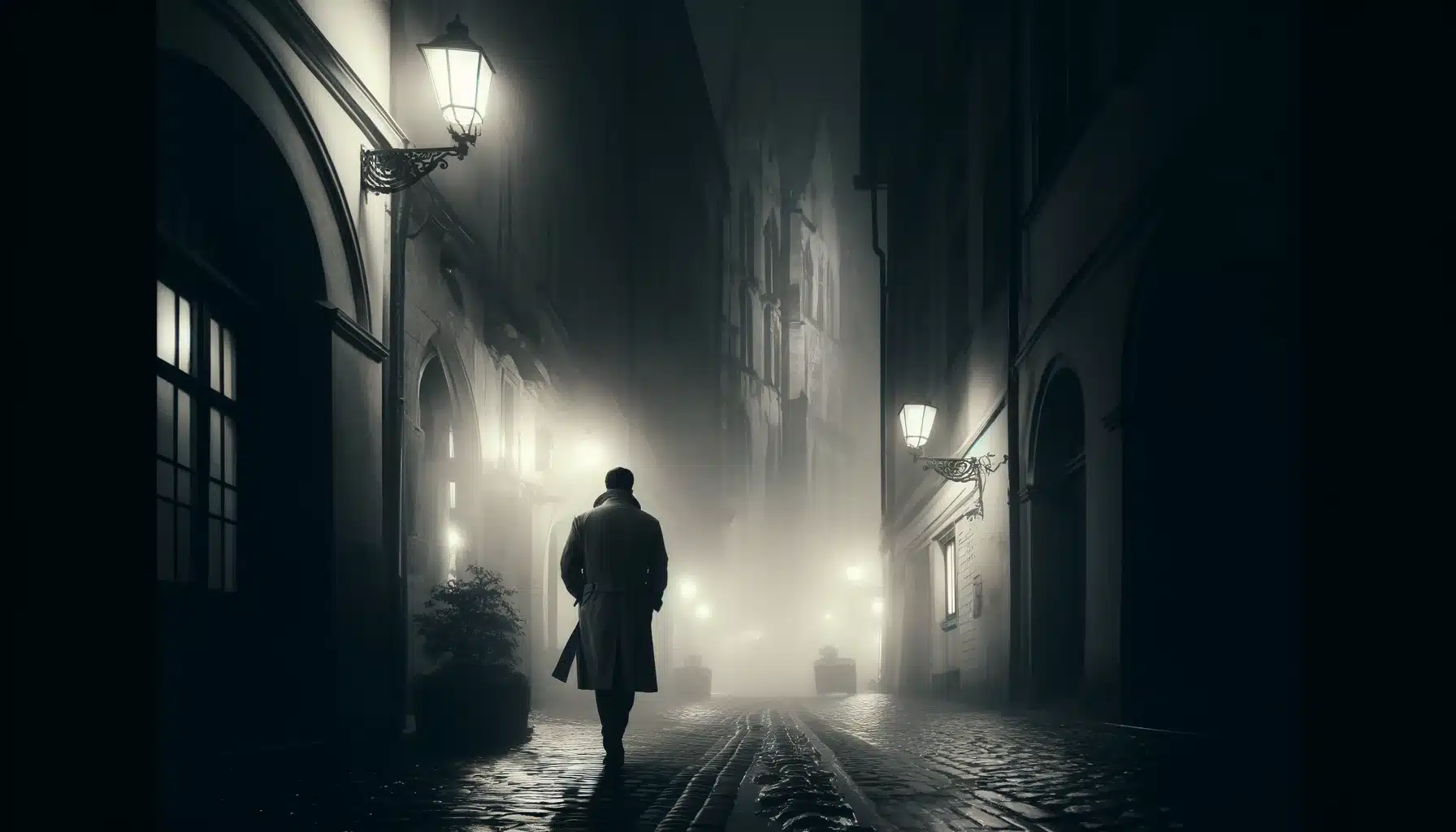 A lone figure in a trench coat walks through foggy, narrow streets.