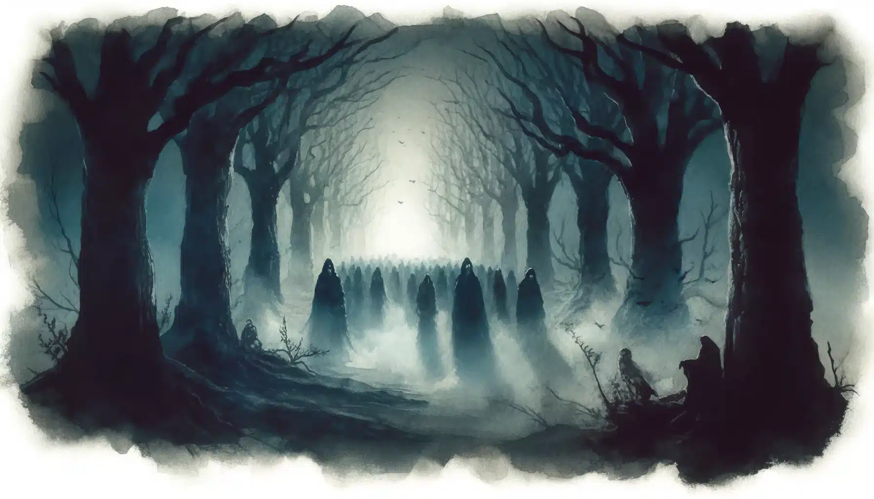 A mysterious group of hooded figures wanders through a foggy, fantasy-laden forest lined with tall, bare trees. The scene is reminiscent of a tabletop RPG setting, eerie and atmospheric, with dim lighting cloaked in shadows and mist contributing to the enigmatic ambiance.