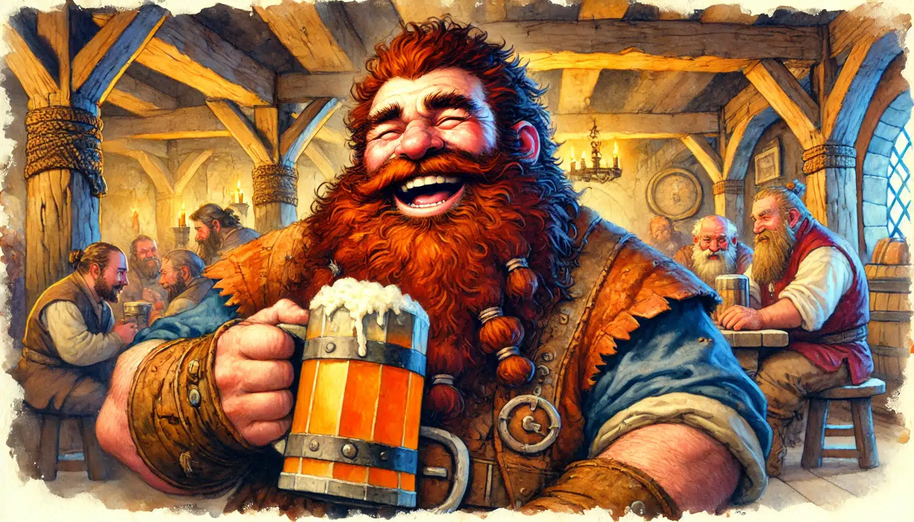 A bearded man with red hair, dressed in medieval-style clothing, laughs joyfully while holding a frothy mug of beer. Hes seated in a rustic tavern filled with adventurers from a DND campaign enjoying drinks and conversation. The setting is warm and lively, alive with fantasy charm.