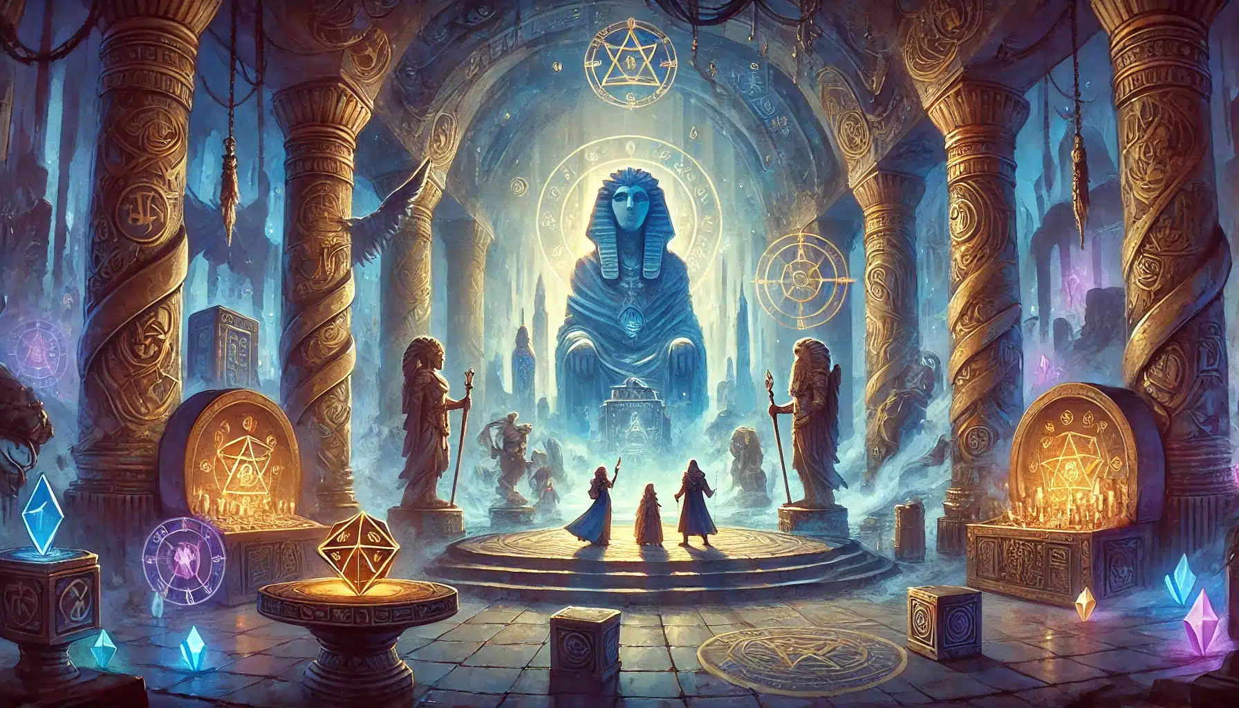 A mystical chamber with a giant Egyptian statue, glowing symbols, and mist sets the scene for an epic tabletop RPG adventure. Three robed figures stand before it. Ancient columns and statues line the hall, as floating crystals emit a magical light.