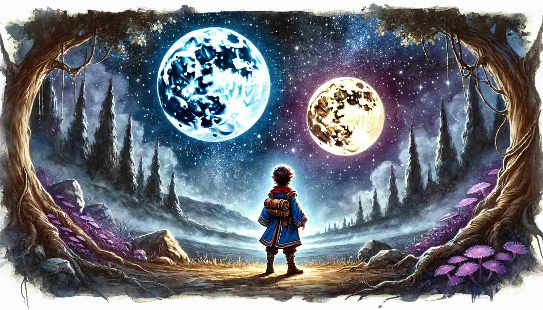 A child wearing a backpack gazes at two large, luminous moons—one blue and one golden—in a starry night sky reminiscent of a Dungeons & Dragons adventure. The scene is framed by trees and features a rocky path lined with vibrant purple plants.