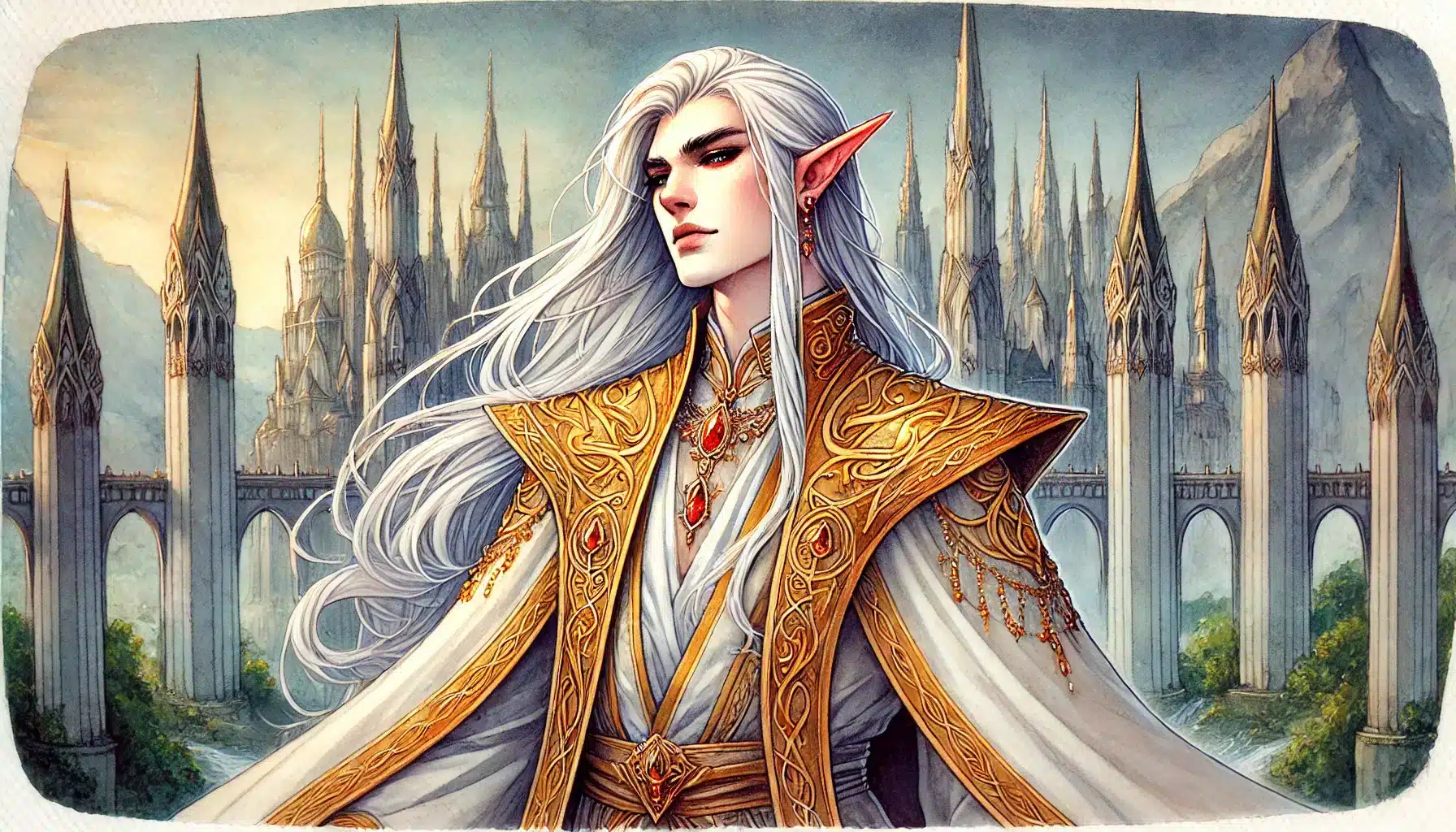 Illustration of a fantasy elf with long white hair and red eyes, wearing ornate gold and white robes adorned with jewels. In the spirit of Dungeons & Dragons, tall, pointed architecture and a majestic mountainous landscape form the enchanting backdrop.