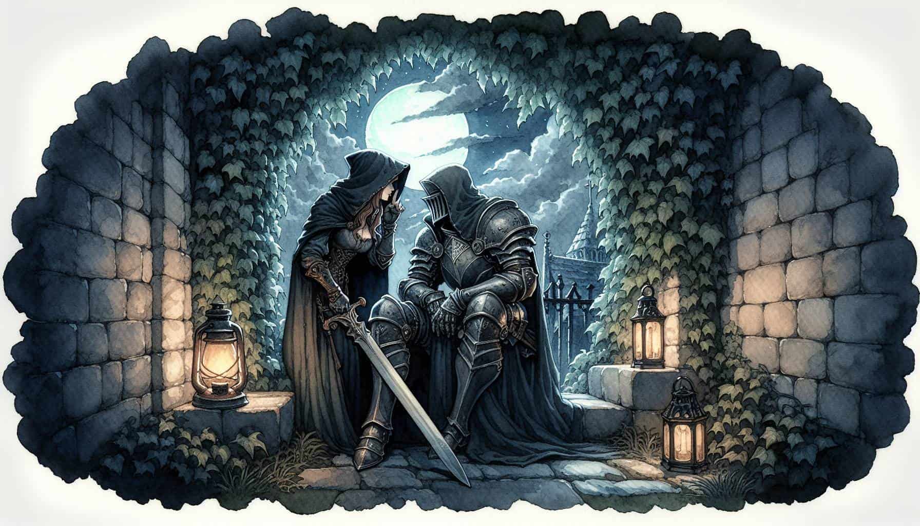 A hooded figure and an armored knight sit together in a stone alcove under a moonlit night. Lanterns cast a warm glow, surrounded by ivy-covered walls. The scene, reminiscent of a tabletop RPG session, finds the knight holding a sword while the figure leans in, exuding mystery and camaraderie.