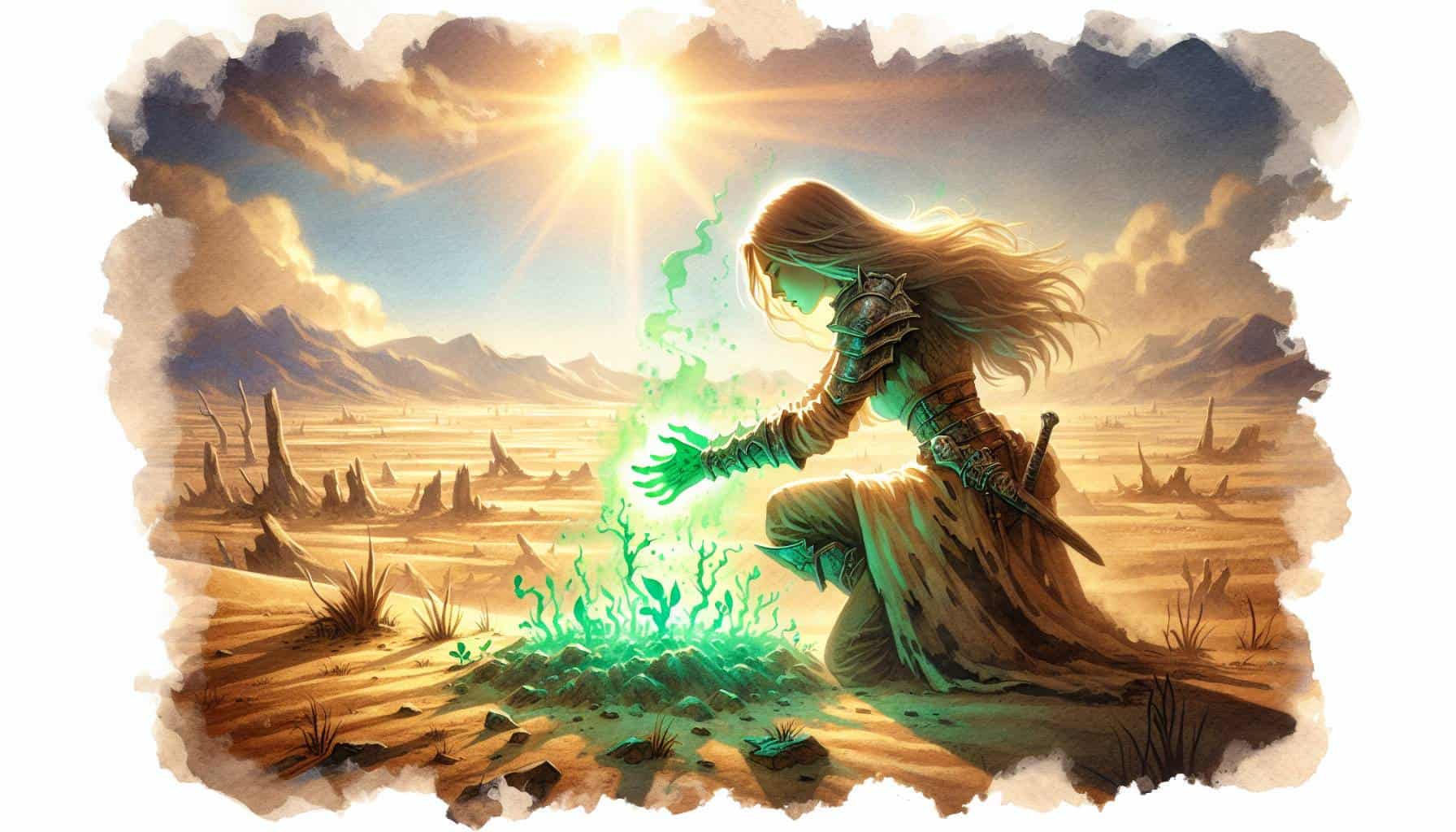 A warrior in armor kneels in a barren desert landscape, evoking the essence of a Dungeons & Dragons adventure. Under a bright sun, they hold a glowing green flame. The dry terrain and distant mountains create an atmosphere rich with fantasy and mystery.