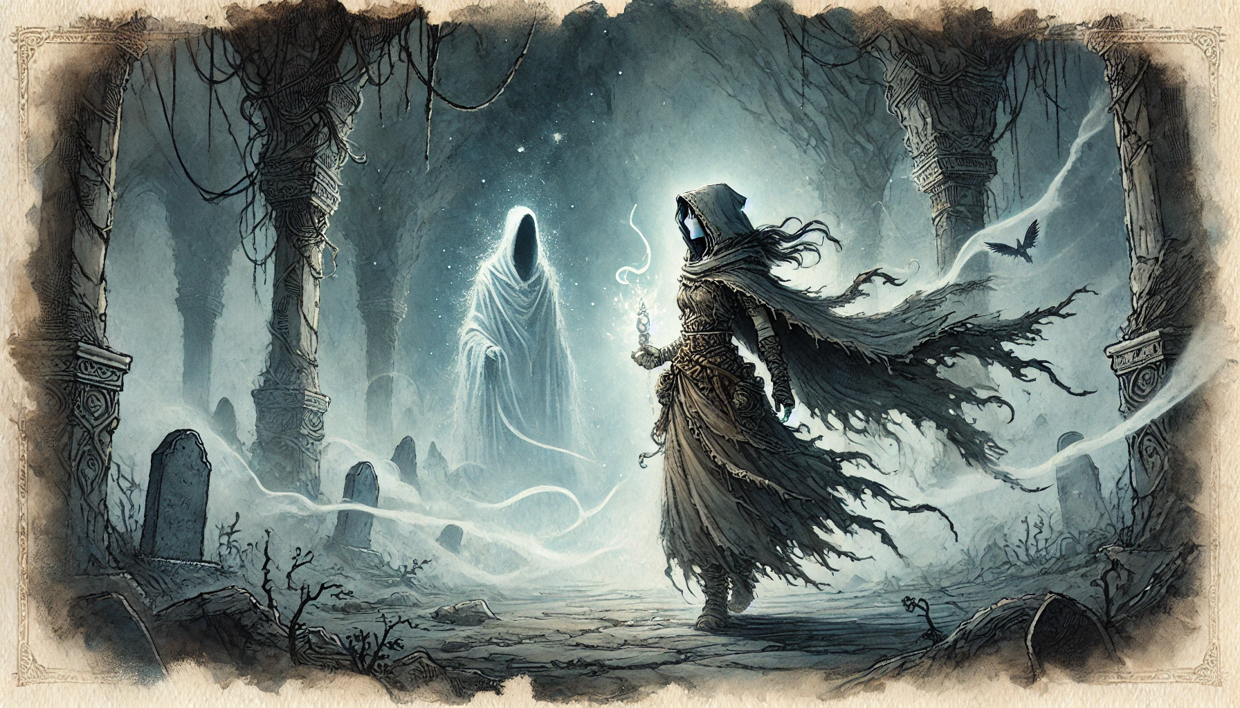 In an ancient, crumbling stone structure, a mysterious figure holding a glowing object confronts a ghostly specter. Vines hang from pillars as mist swirls and a bat flits by, crafting an eerie atmosphere reminiscent of a Dungeons & Dragons adventure.