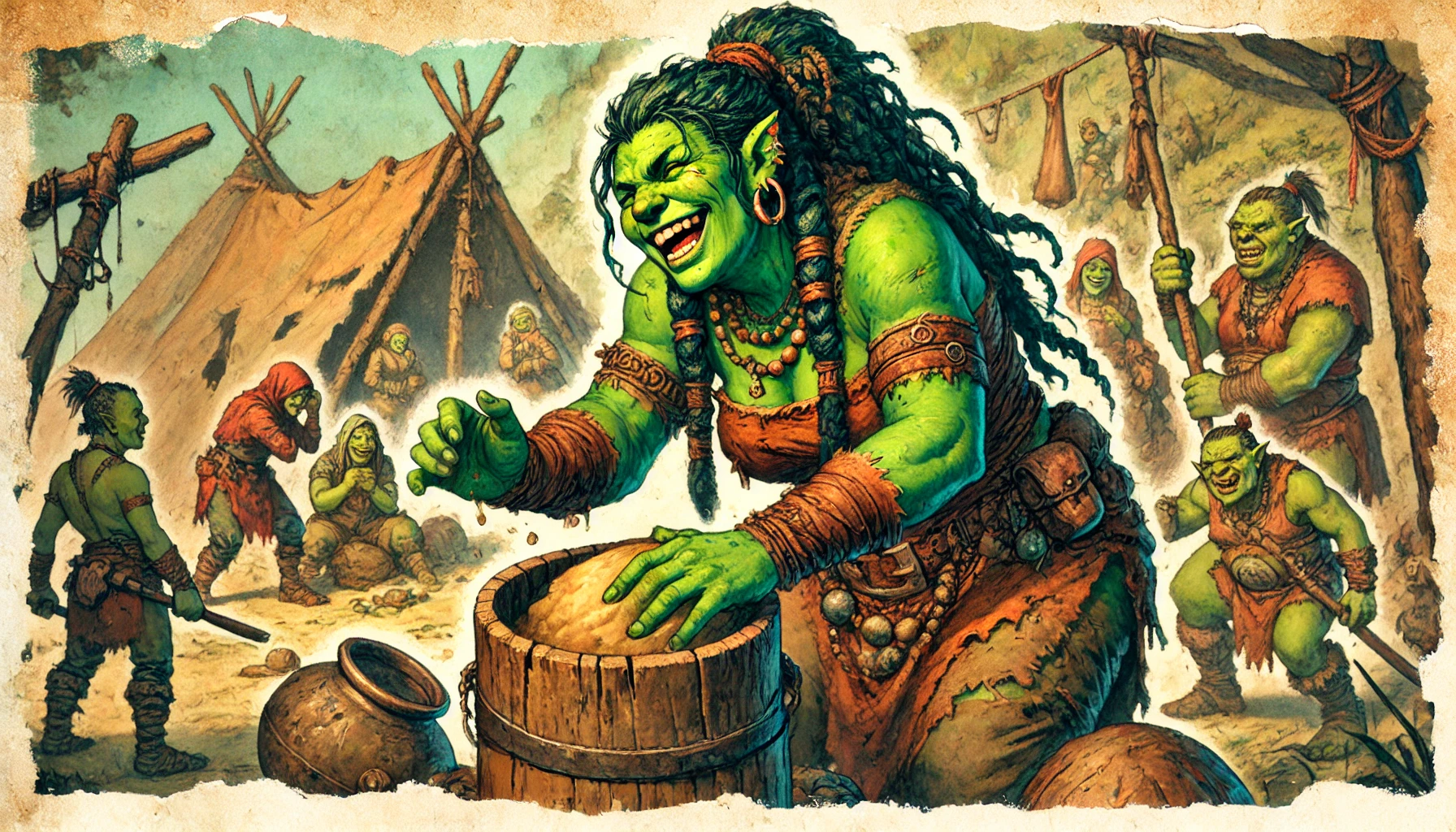 A joyful orc woman stands in a rustic camp, brewing a potion in a wooden barrel. In this Dungeons & Dragons-inspired scene, several orcs engage nearby, including two in conversation and one sitting. A tent and pottery jug are visible against a brown, distressed background.