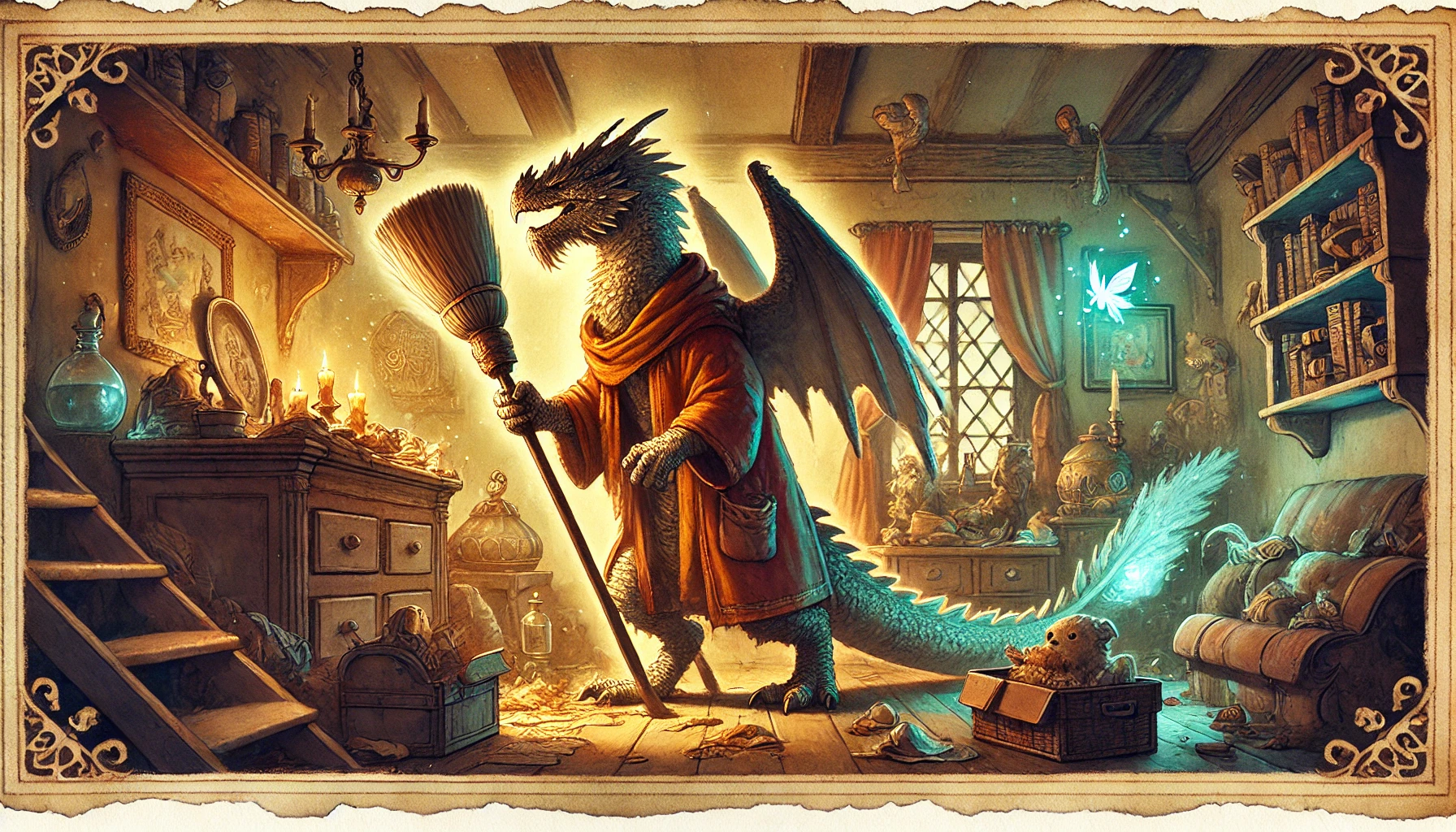 In a cozy, cluttered room reminiscent of a Dungeons & Dragons setting, a dragon wearing a robe sweeps the floor. A glowing fairy hovers nearby as sunlight streams through the window, illuminating wooden beams and shelves lined with books and curios.