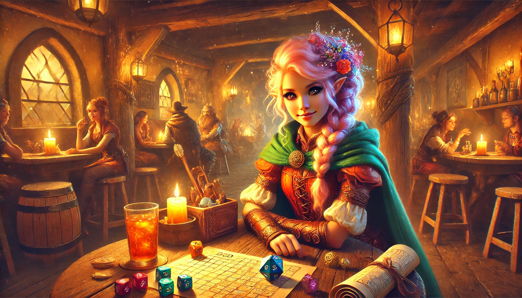 A fantasy elf with pink hair and a green cloak sits at a tavern table, surrounded by colorful dice and a game board reminiscent of Dungeons & Dragons. Other patrons fill the softly lit, cozy background, creating a warm, lively atmosphere.