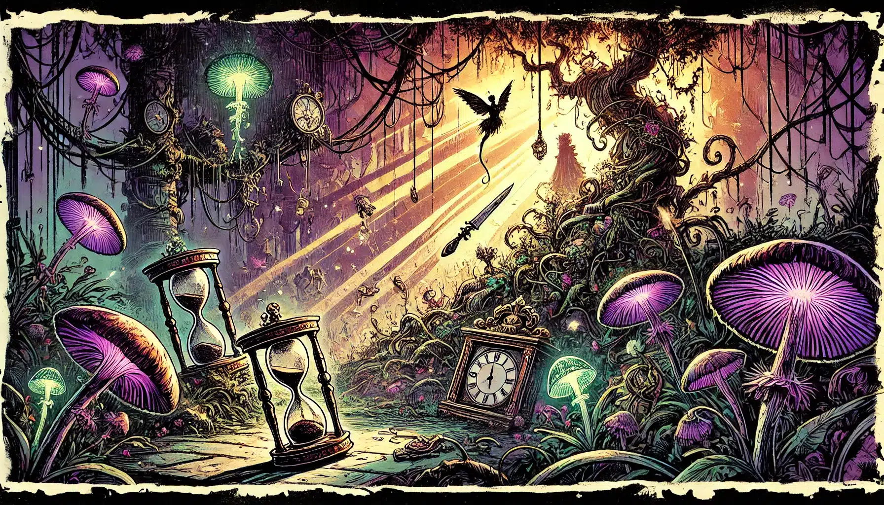 In a surreal forest reminiscent of a tabletop RPG, glowing purple mushrooms and hanging pocket watches line a winding path. Sunlight streams through tangled trees, illuminating a bird and mysterious floating objects, as if drawn from the fantastical worlds of Dungeons & Dragons.
