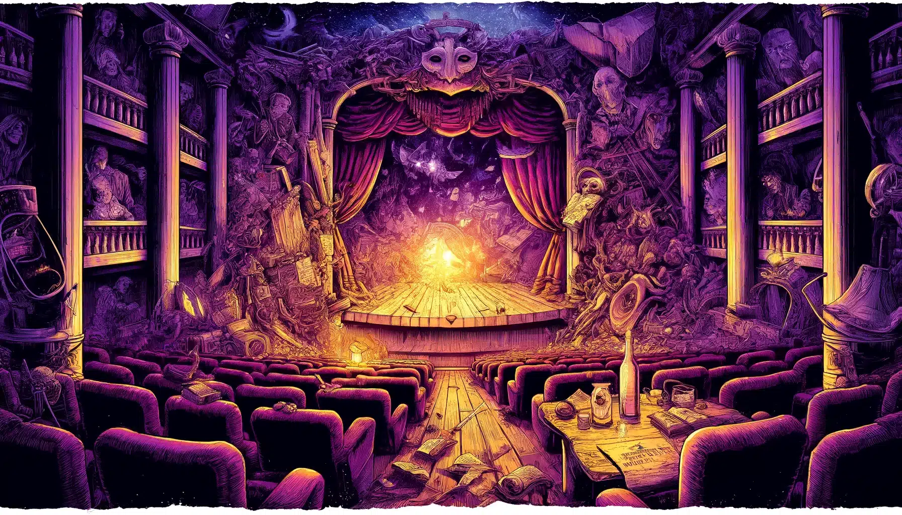 A surreal, purple-hued theater with an ornate, chaotic design reminiscent of a fantasy tabletop RPG. The stage is lit brightly, surrounded by distorted faces and objects. Red curtains hang in the center. Rows of empty red seats face the stage as dusty bottles and a trumpet lie in the foreground.