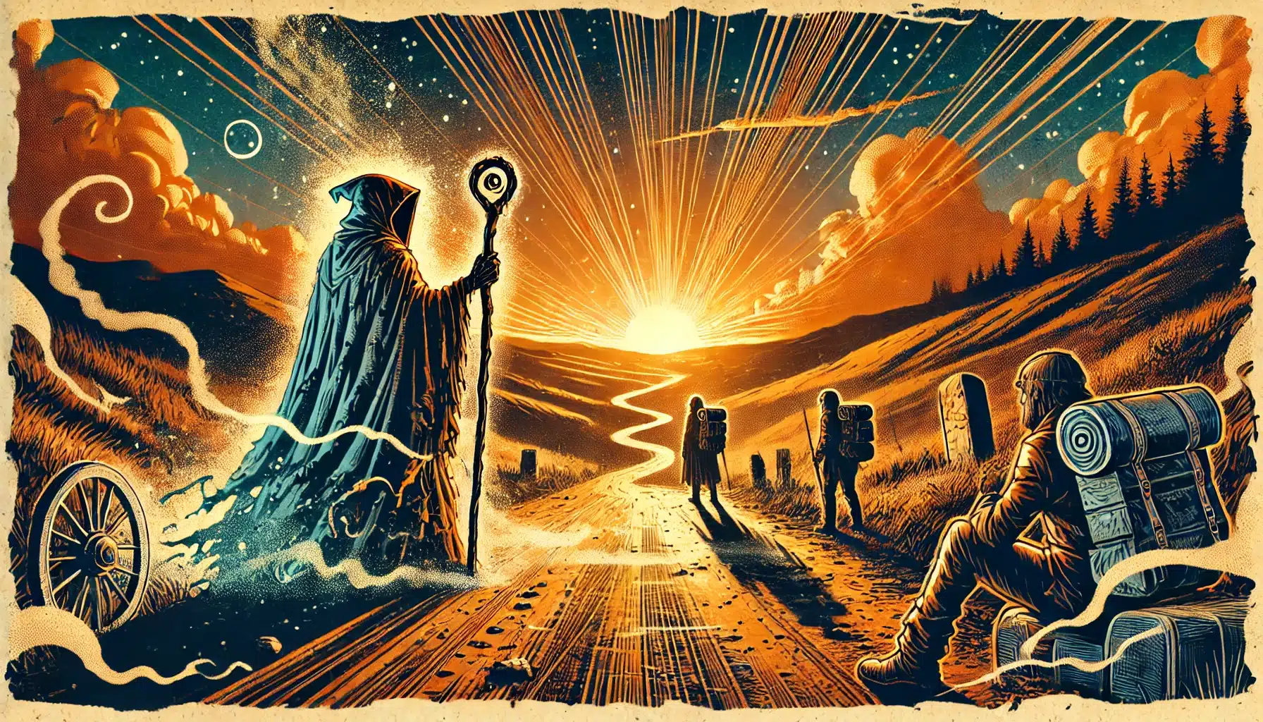 A mystical, hooded figure with a staff stands by a winding path under the glowing sunset sky, evoking a classic Dungeons & Dragons scene. Nearby, travelers with backpacks walk away, while another sits observing. The dreamlike atmosphere is imbued with swirling clouds and vibrant colors.