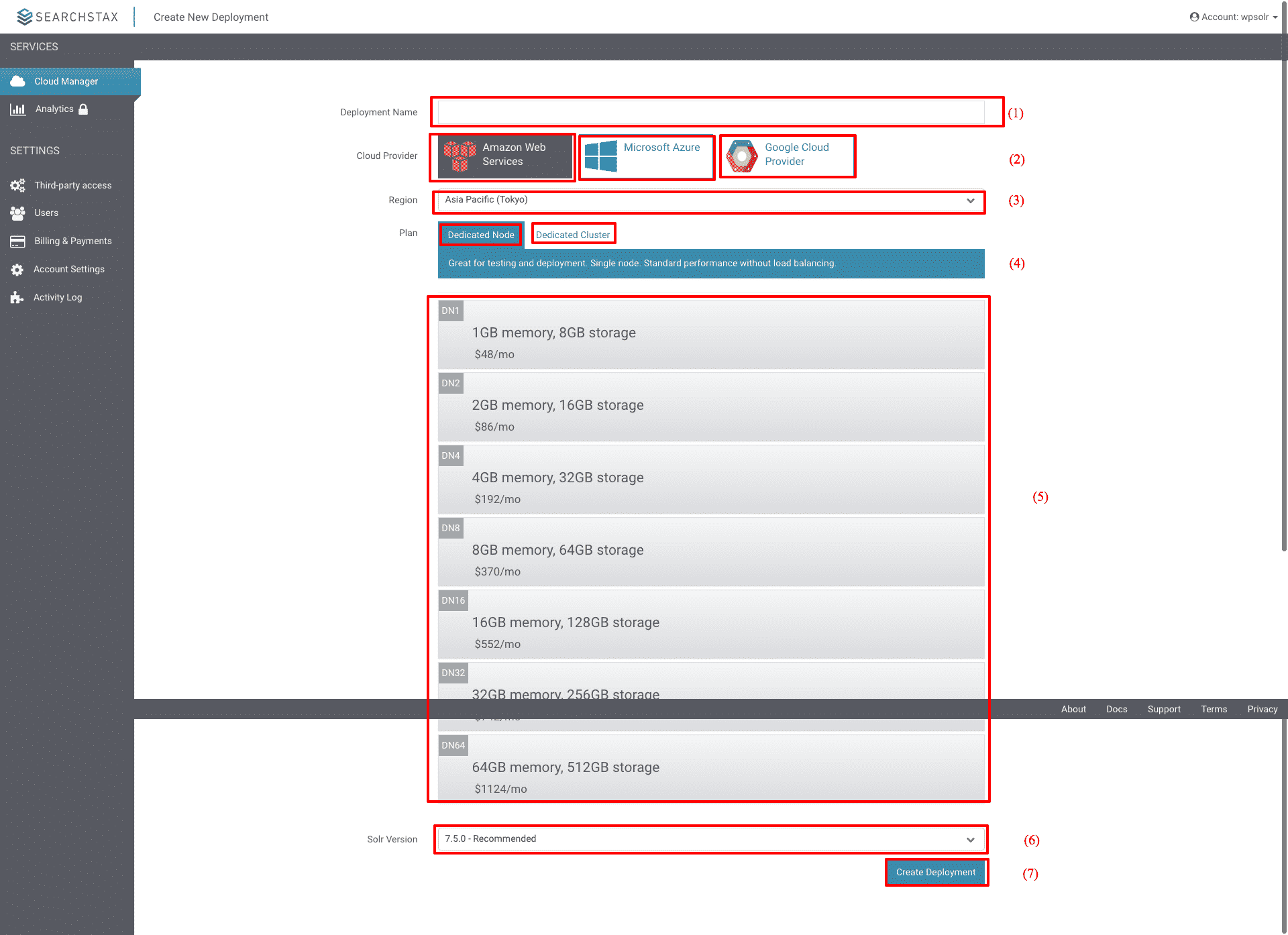 SearchStax: new deployment parameters