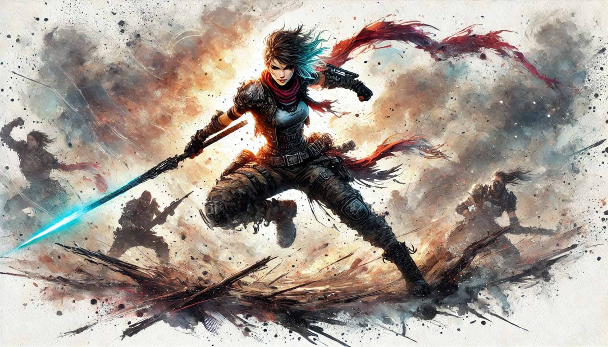 Dynamic illustration of a warrior in armor, wielding a glowing sword while jumping forward. Red scarves trail behind, and three shadowy figures enhance the sense of motion and energy, evoking an epic Dungeons & Dragons battle against a smoky, explosive background.