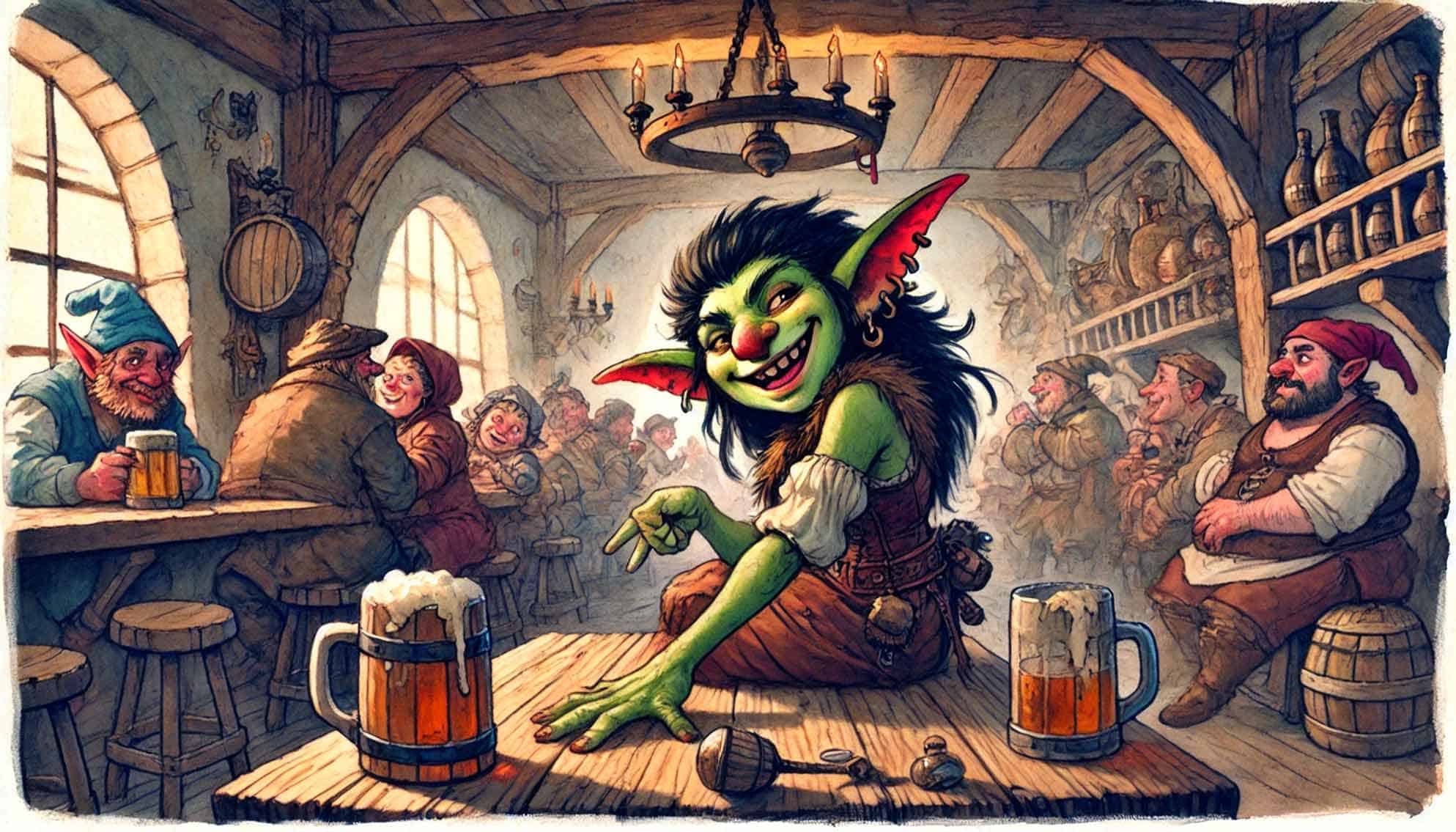 A cheeky goblin with green skin and red ears sits on a tavern table, reminiscent of a DND campaign, surrounded by wooden mugs of frothy beer. People in medieval-style clothing chat and drink in the background under the dim light of chandeliers.