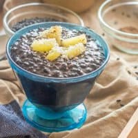 rice pudding in a blue bowl