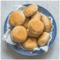 A blue bowl with lots of fried dumpling