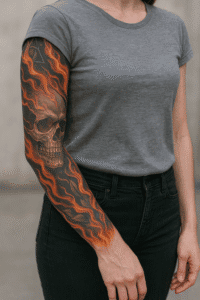 Skull & Fire Sleeve Tattoo mit Totenkopf und Flammen