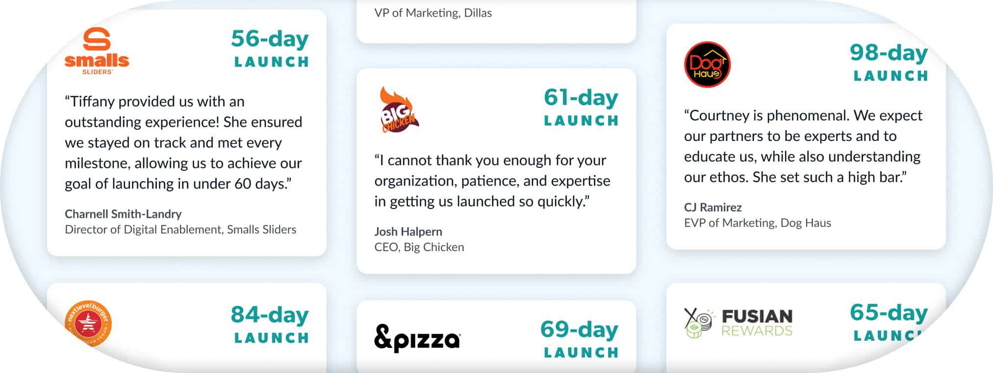 Image showing multiple quotes from Thanx customers about fast implementation and launch, with company logos and "X-day Launch" stats