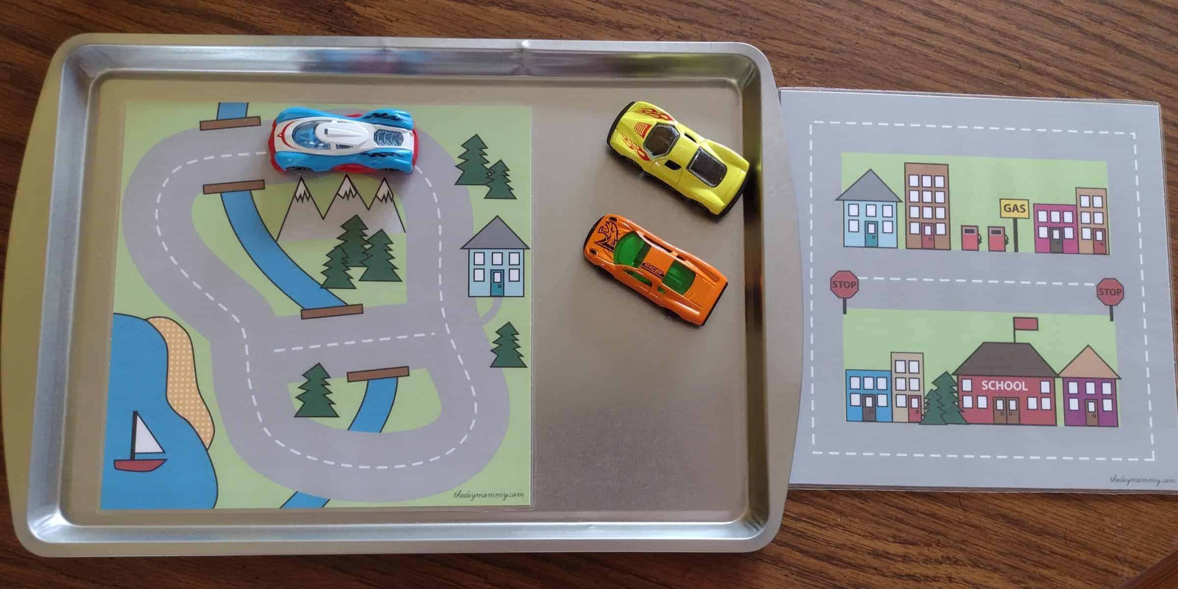 Simple Matchbox Car Cookie Sheet Activity for Road Trips