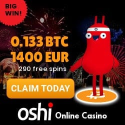 Oshi.io Crypto Casino 290 free spins + 0.133 BTC or 1400 EUR bonus