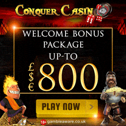 Conquer Casino - 50 free spins NDB and £/€/$ 800 bonus (250% extra)