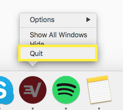 Screenshot: close ExpressVPN from the Dock