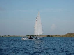 Chuck pierce optimising sail, lug rig and foils for the texas 200 in his mayfly 14 cruising dinghy