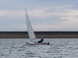 Viola Sailing Canoe racing other boats going upwind in a light chop